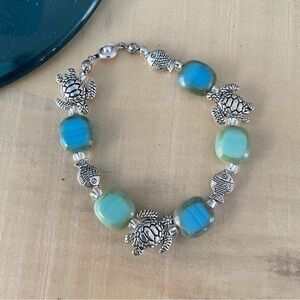 Handmade Turtle Fish Blue Green Glass Statement Bracelet 7.5” Resort Chunky